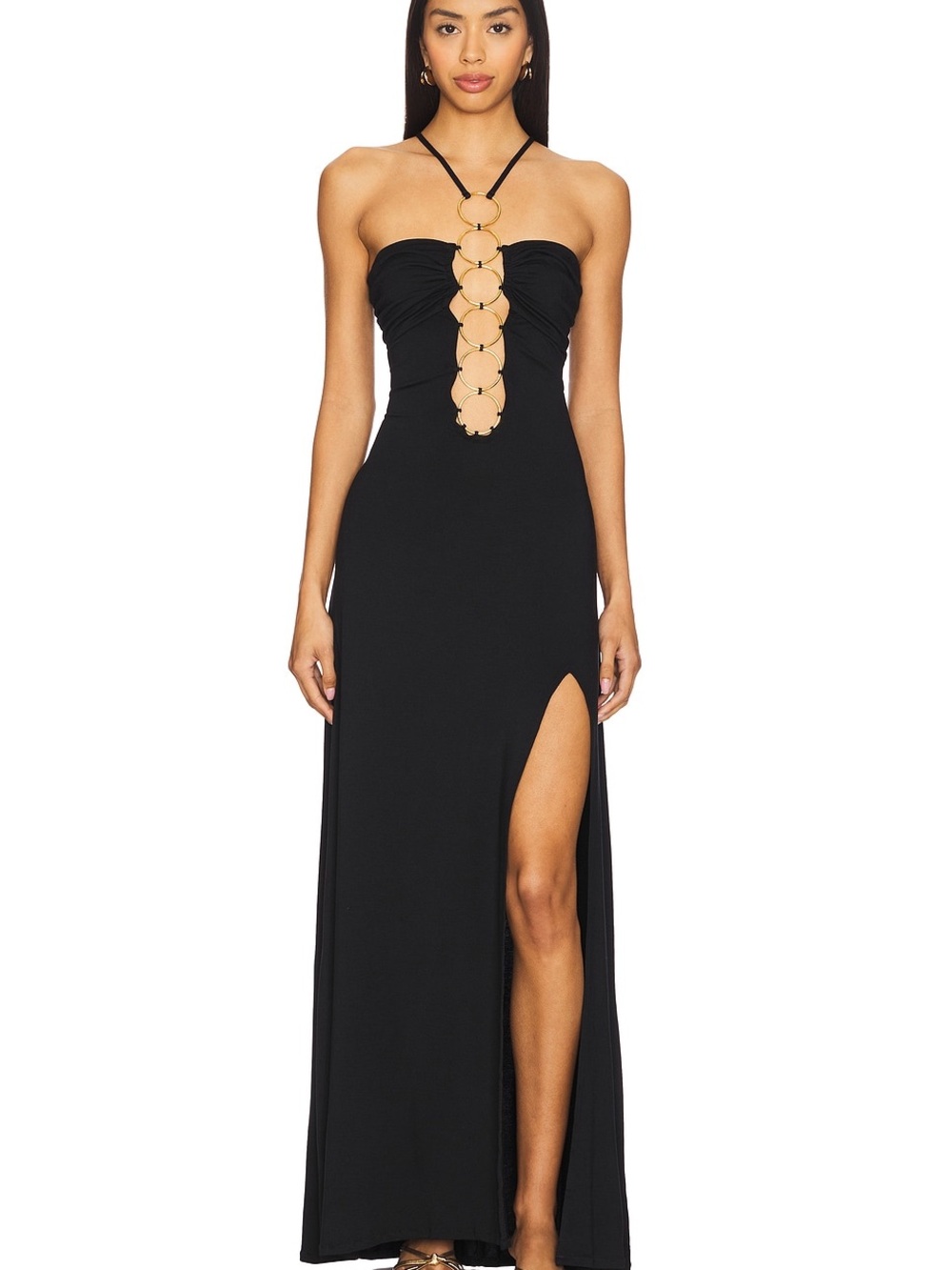 Luli Fama Black Strapless Maxi Dress with Gold Ring Front